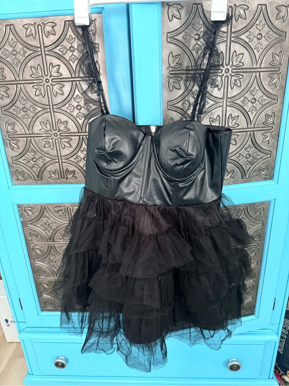 Live 4 Truth Black Faux Leather Bustier Mini Dress with Layered Tulle